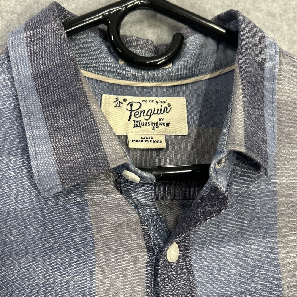 Penguin Dress Shirt blue gray plaid Long Sleeve Mens Size Large